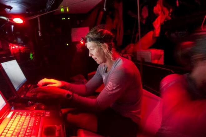Onboard Team SCA – Sophie Ciszek writes an email after her watch - Leg six to Newport – Volvo Ocean Race 2015 © Corinna Halloran / Team SCA
